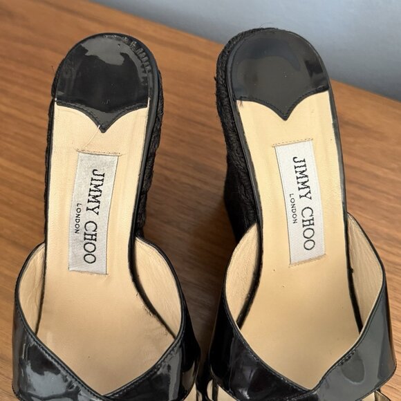 Jimmy Choo Phyllis Espadrille Wedges Mixmatch L: 37.5 / R: 37 Black Patent - Picture 3 of 12